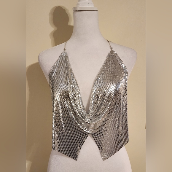Sexy Silver Halter Chain Crop Top Adjustable Chains around the neck and waist - Picture 3 of 10